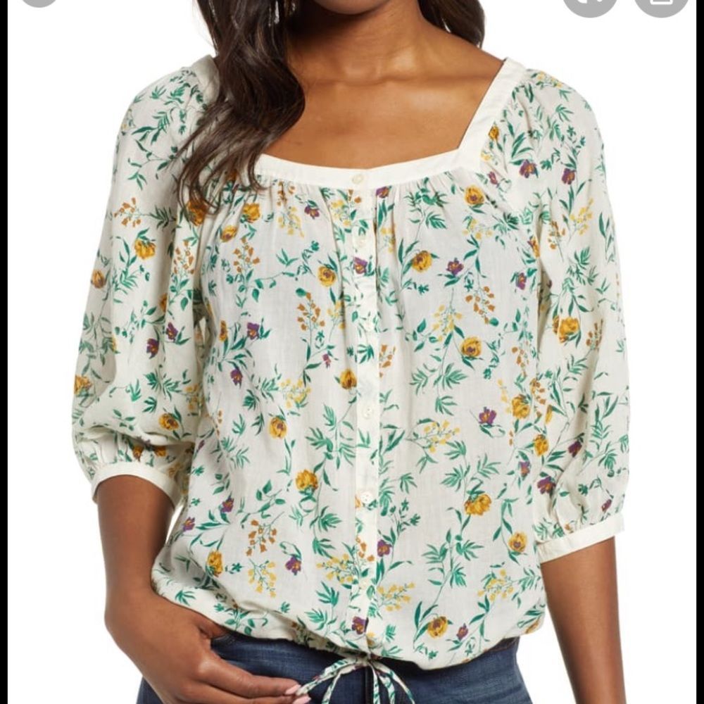 LUCKY BRAND Floral-print Drawstring-hem Blouse